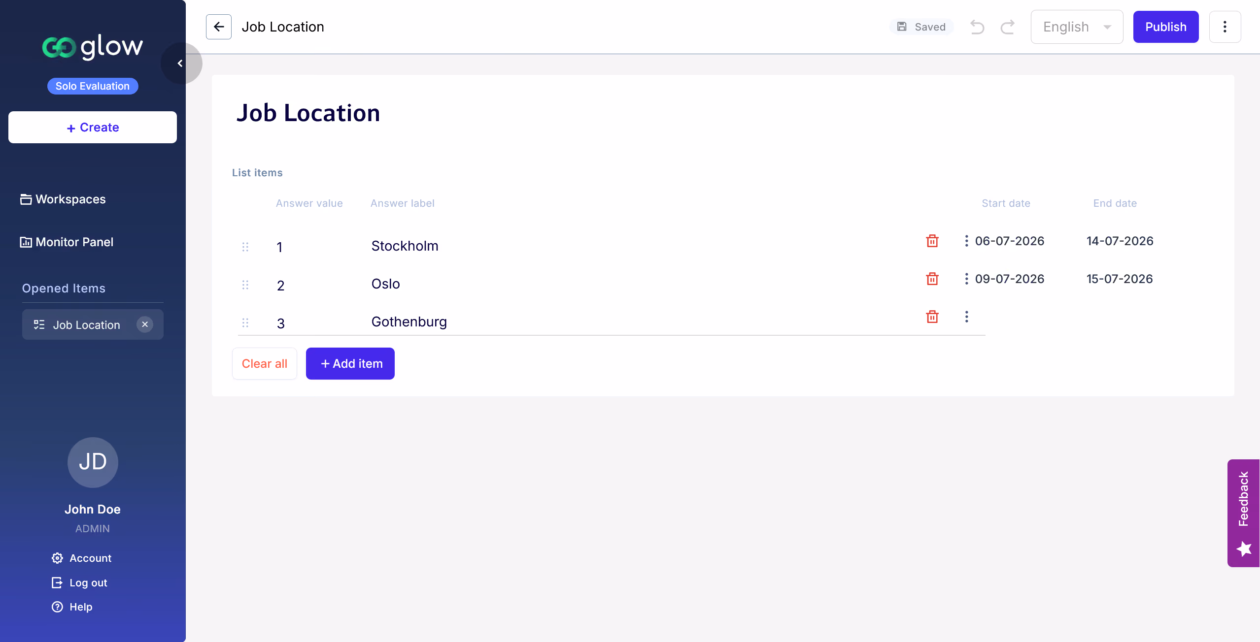List builder in Glow displaying structured data entries with options to add and manage items