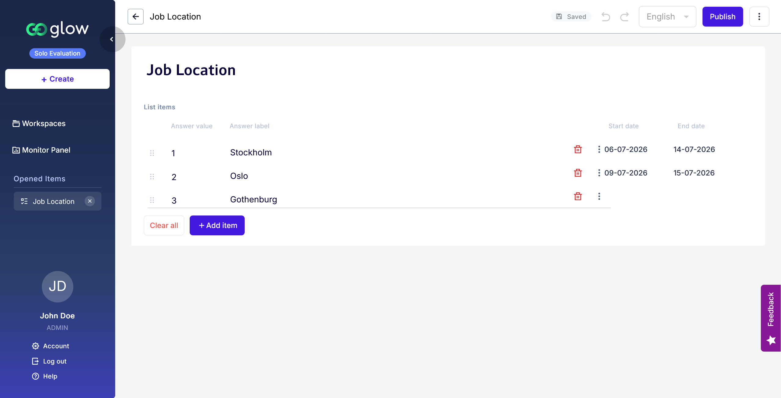 List builder in Glow displaying structured data entries with options to add and manage items