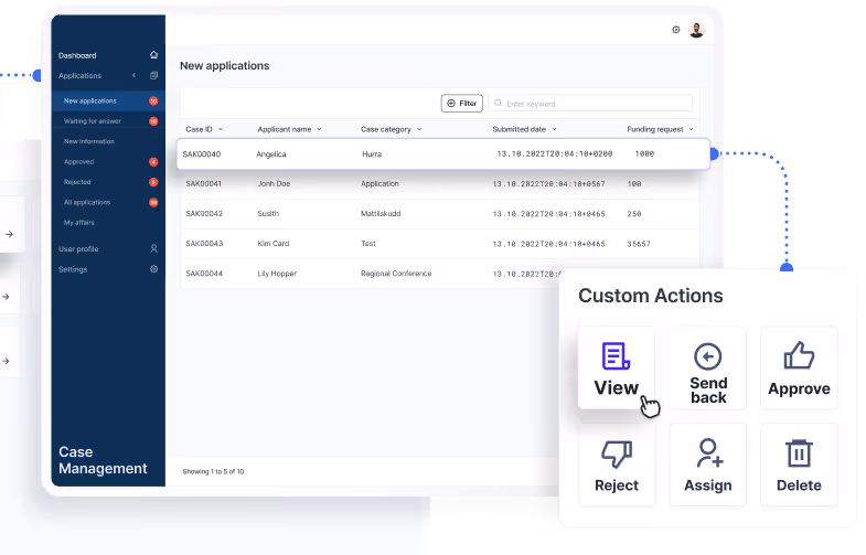 Dashboard screen showing new applications list with options to view, send back, approve, reject, assign, or delete cases.