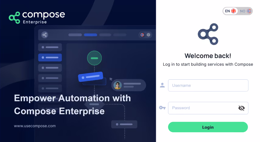 Compose Enterprise login screen with username and password fields and a green login button.