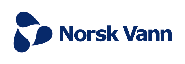 Logo with three blue water droplets arranged in a triangular shape to the left of the white text 'Norsk Vann' on a black background.