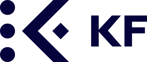 Stylized logo with a dark blue geometric design featuring three vertical dots, a left-pointing angled shape, and a small diamond shape next to the letters 'KF'.