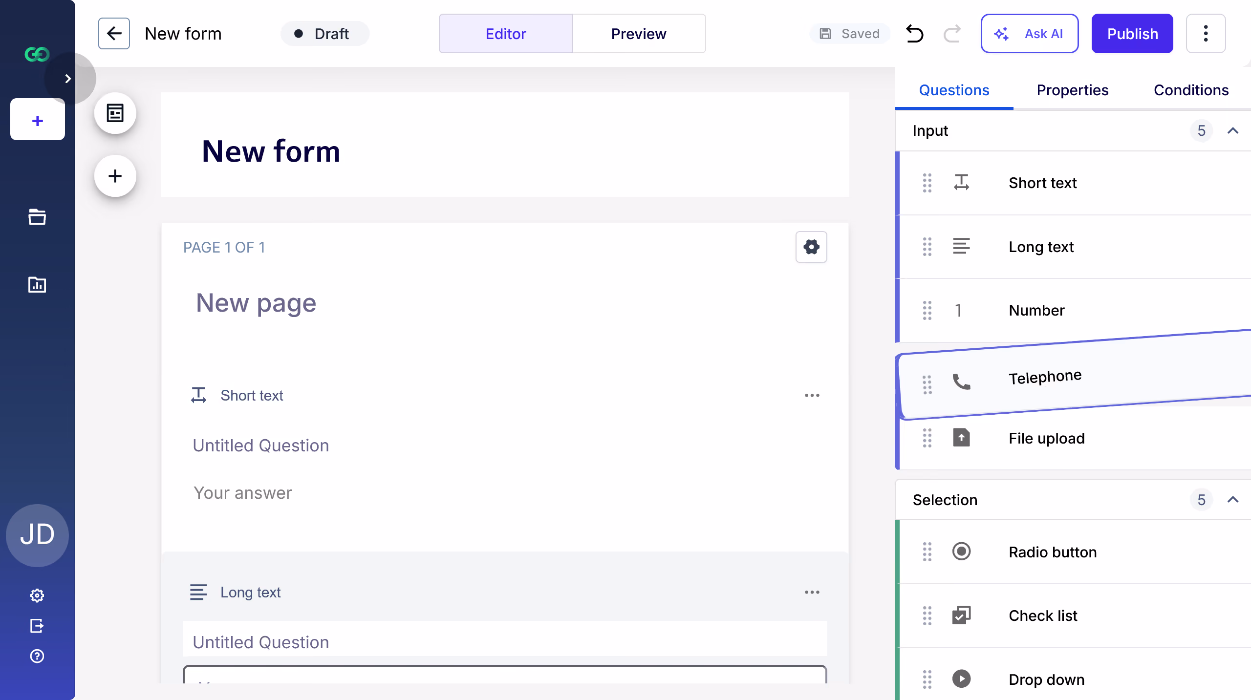 Screenshot of a form builder interface with a 'New form' titled page showing input types like Short text, Long text, Number, Telephone, and File upload in the editor panel and a sidebar with options to Add, view folders, and analytics.
