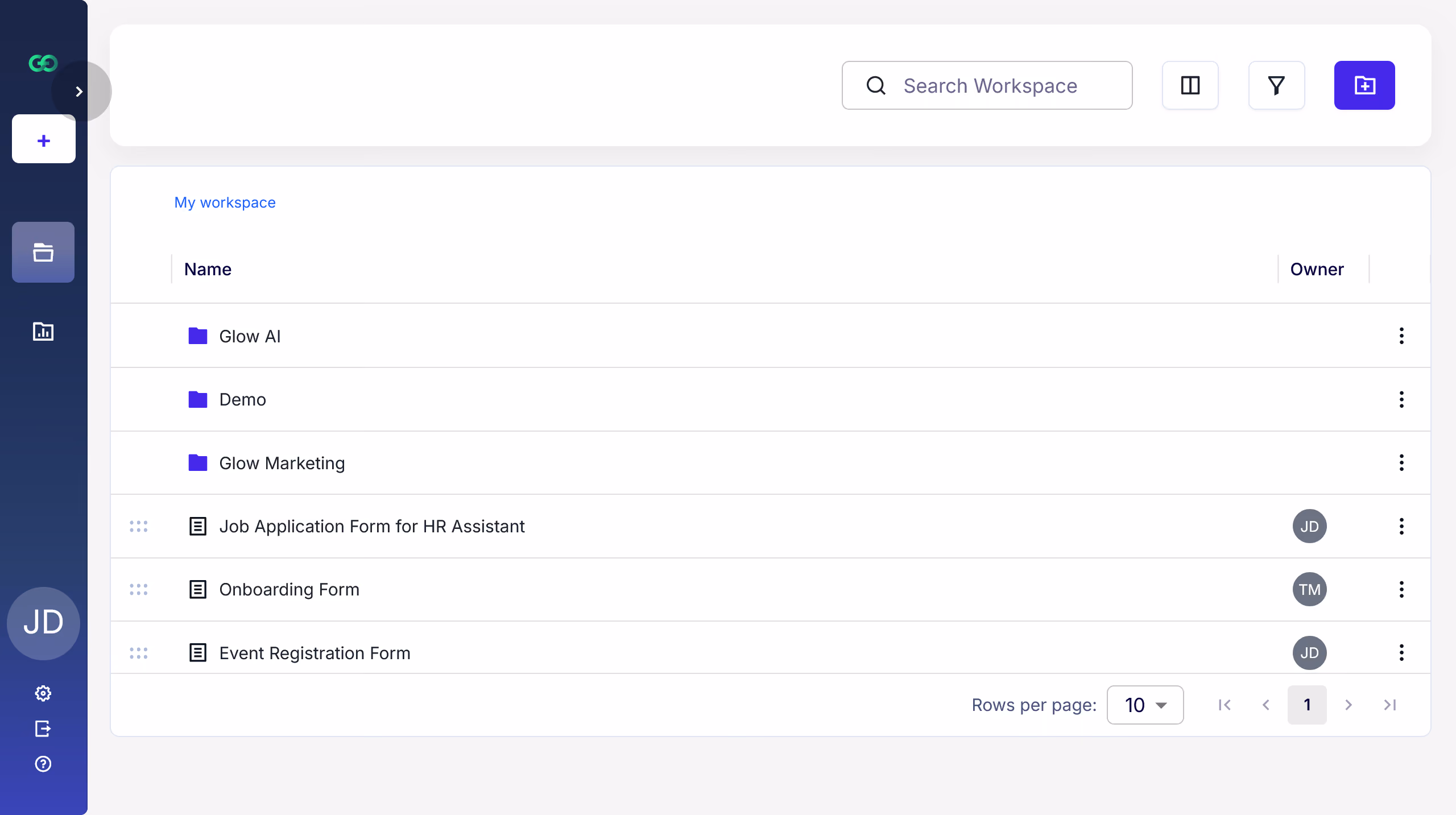 User interface of a shared form workspace showing a sidebar with profile and menu icons, a main panel listing folders named Glow AI, Demo, and Glow Marketing, and forms named Job Application Form for HR Assistant, Onboarding Form, and Event Registration Form, each with an owner indicated by initials.