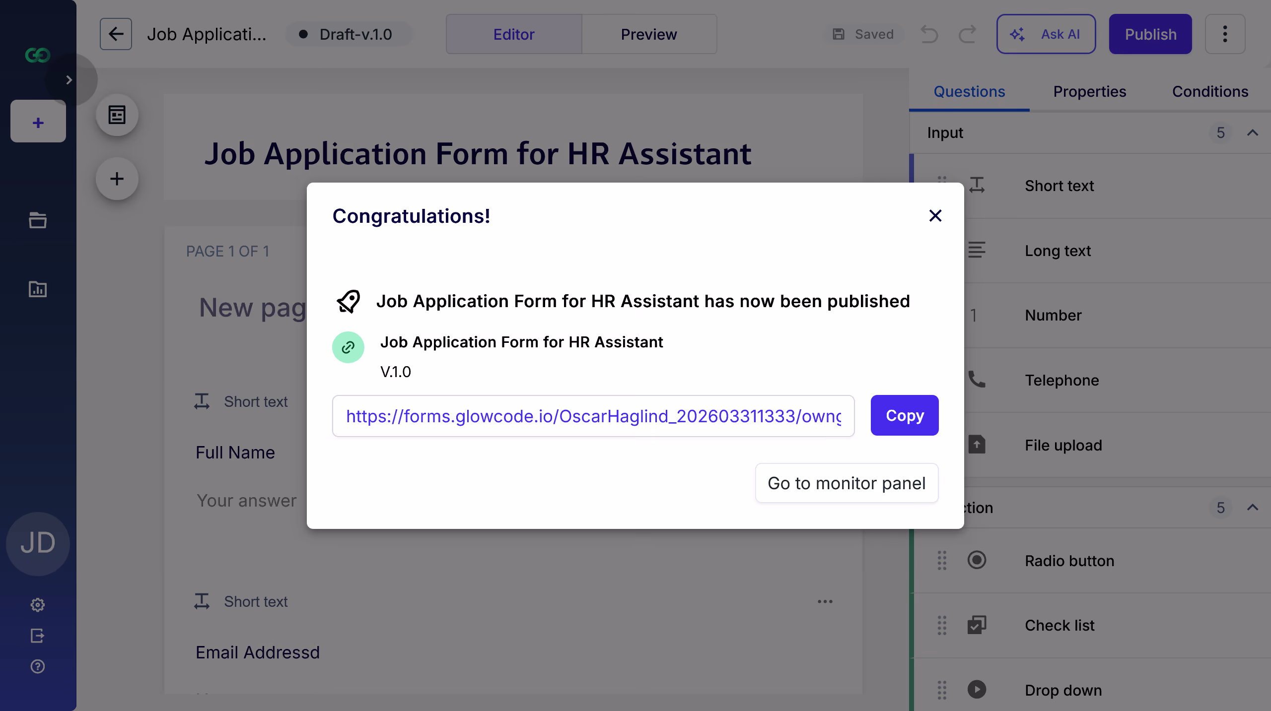 Popup window displaying a confirmation that the Job Application Form for HR Assistant has been published with a link to the form and buttons to copy the link or go to the monitor panel.
