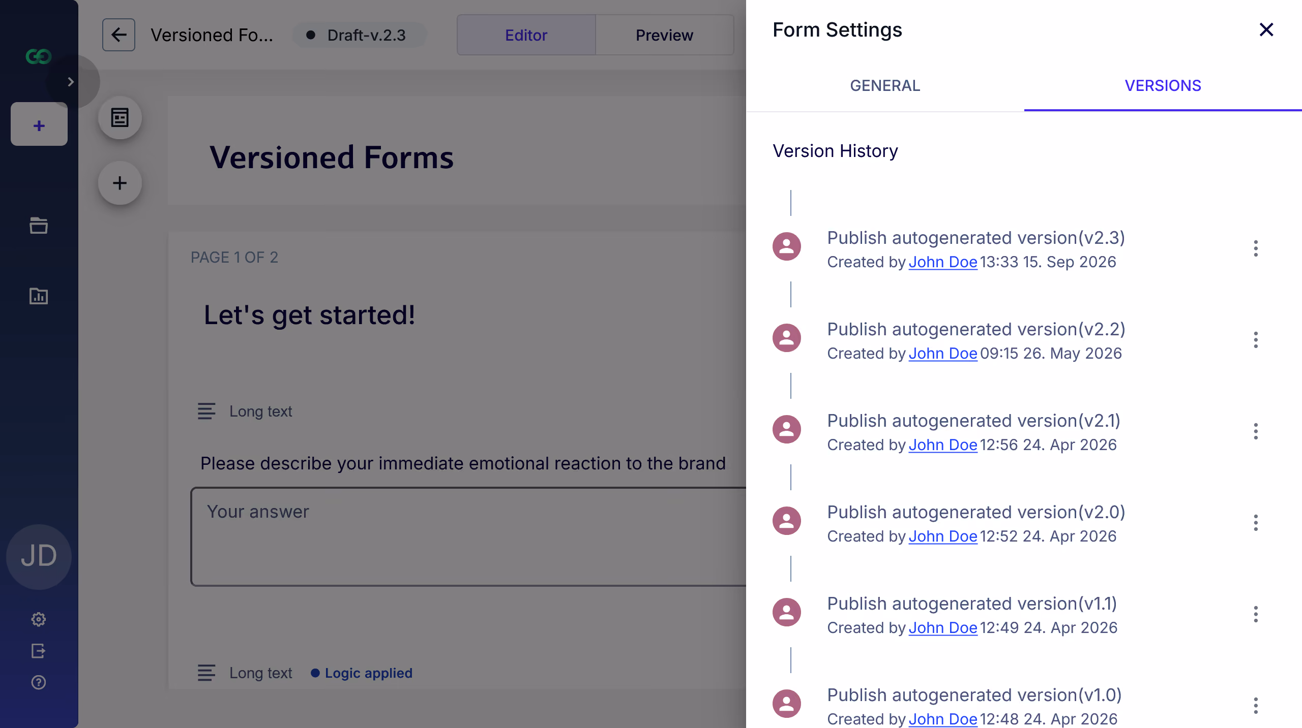 Screenshot of a software interface showing a 'Versioned Forms' page with a form question asking for an immediate emotional reaction to a brand, and a sidebar titled 'Form Settings' displaying a version history with multiple autogenerated versions, each created by John Doe on different dates and times.