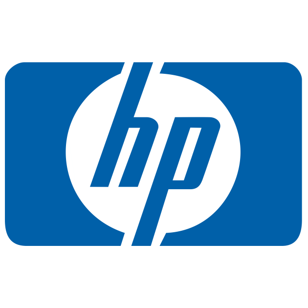 HP company logo with stylized lowercase letters in a blue rounded rectangle.