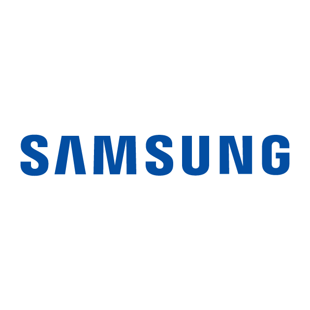 Samsung company name in blue stylized uppercase letters on black background.