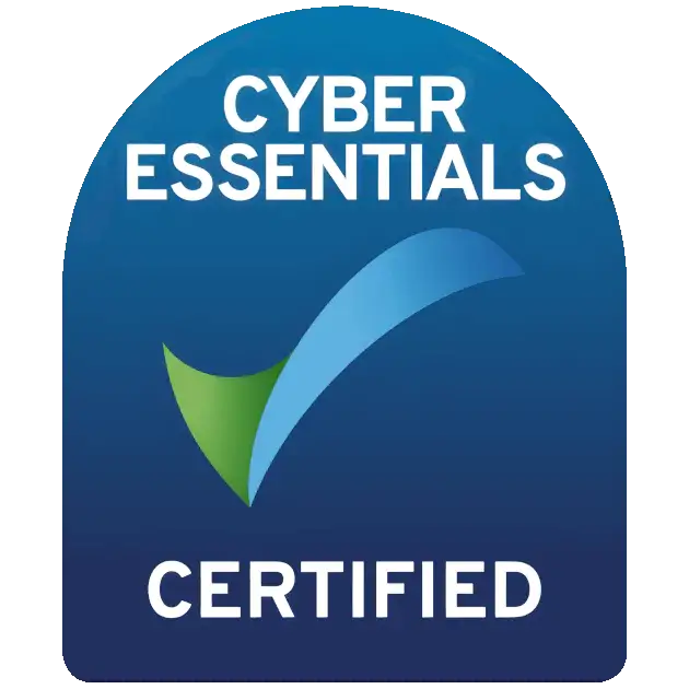 Blue badge with a green and blue check mark and white text reading Cyber Essentials Certified.