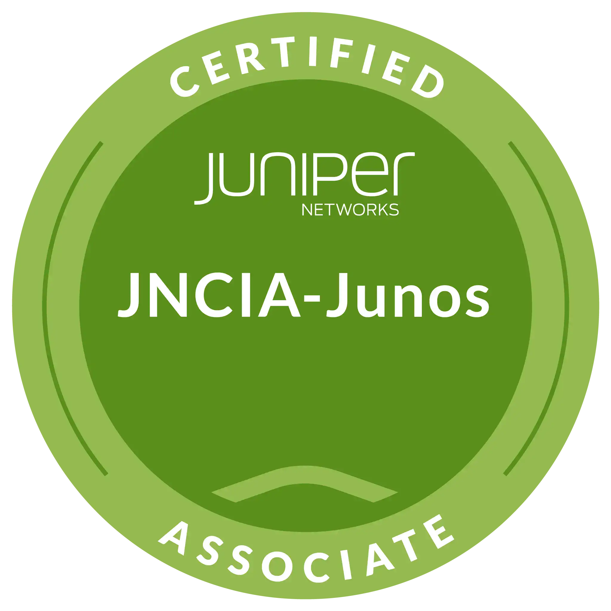Green circular badge reading Certified Associate Juniper Networks JNCIA-Junos.