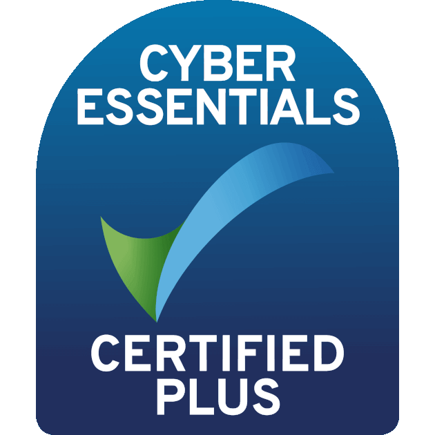 Blue Cyber Essentials Certified Plus badge with green and blue checkmark.