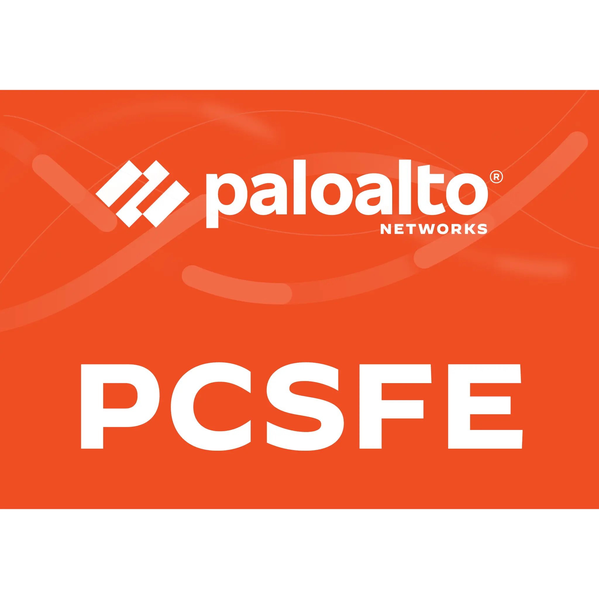 Palo Alto Networks logo with text PCSFE on an orange background.