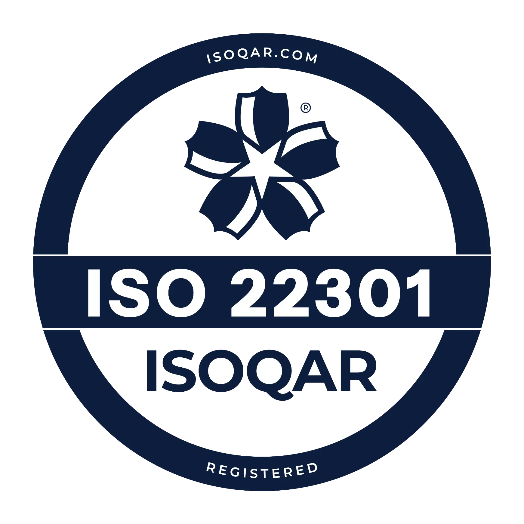 ISOQAR registered logo for ISO 22301 certification with a star-shaped emblem.