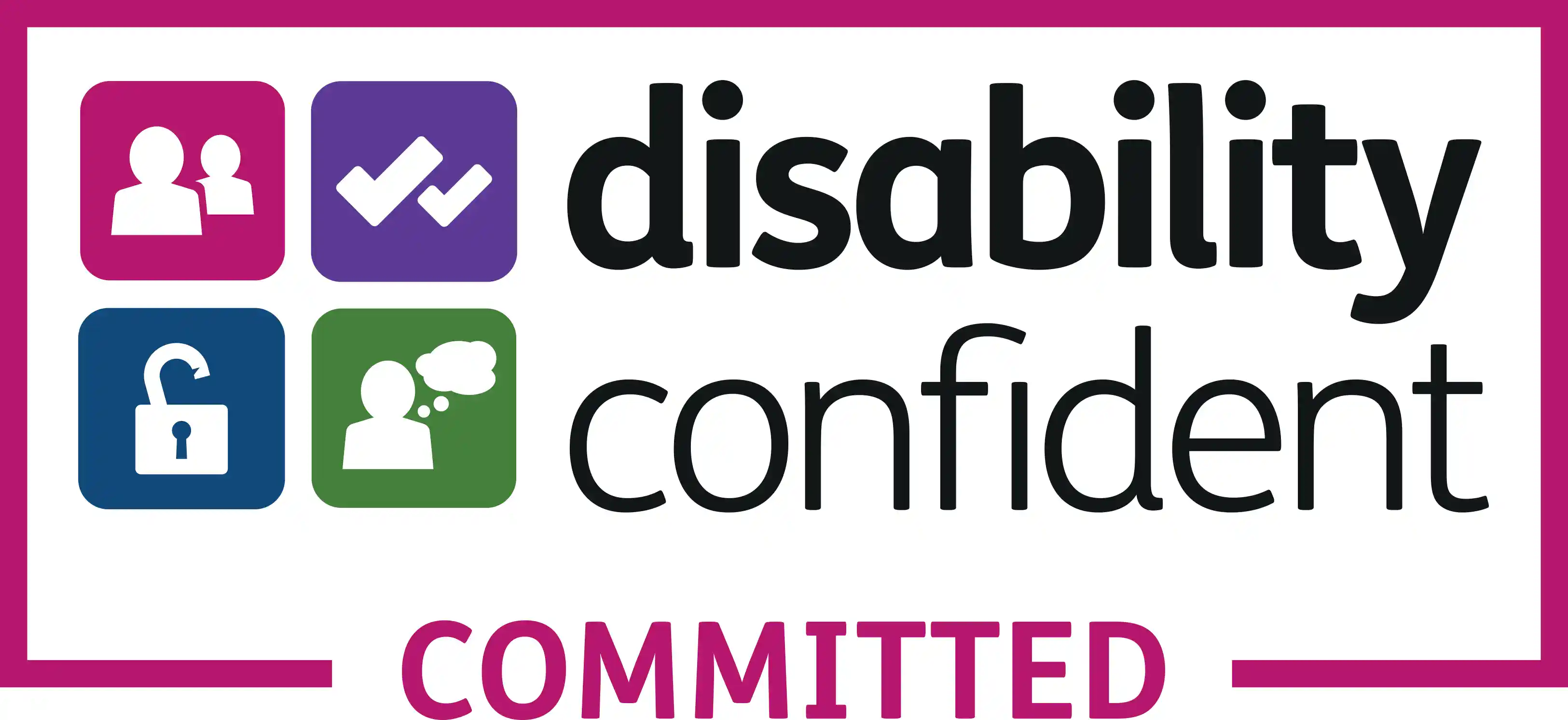Disability Confident committed logo with icons of people, check marks, open lock, and thought bubble.