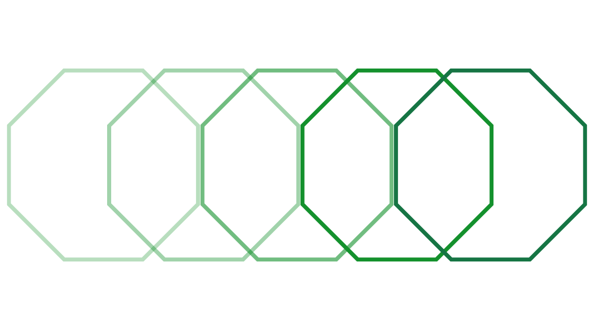 Five overlapping green octagons arranged in a horizontal row on black background.