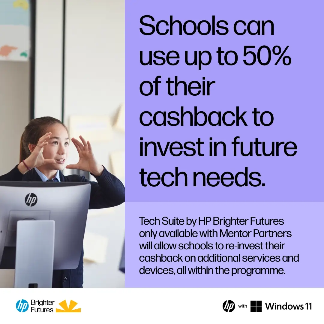 Student gesturing near an HP computer; text about schools using 50% cashback for future tech needs.