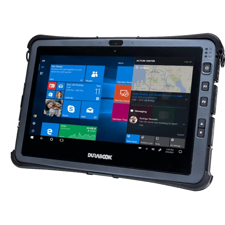 Durabook rugged tablet displaying Windows 10 home screen with apps and Action Center open.
