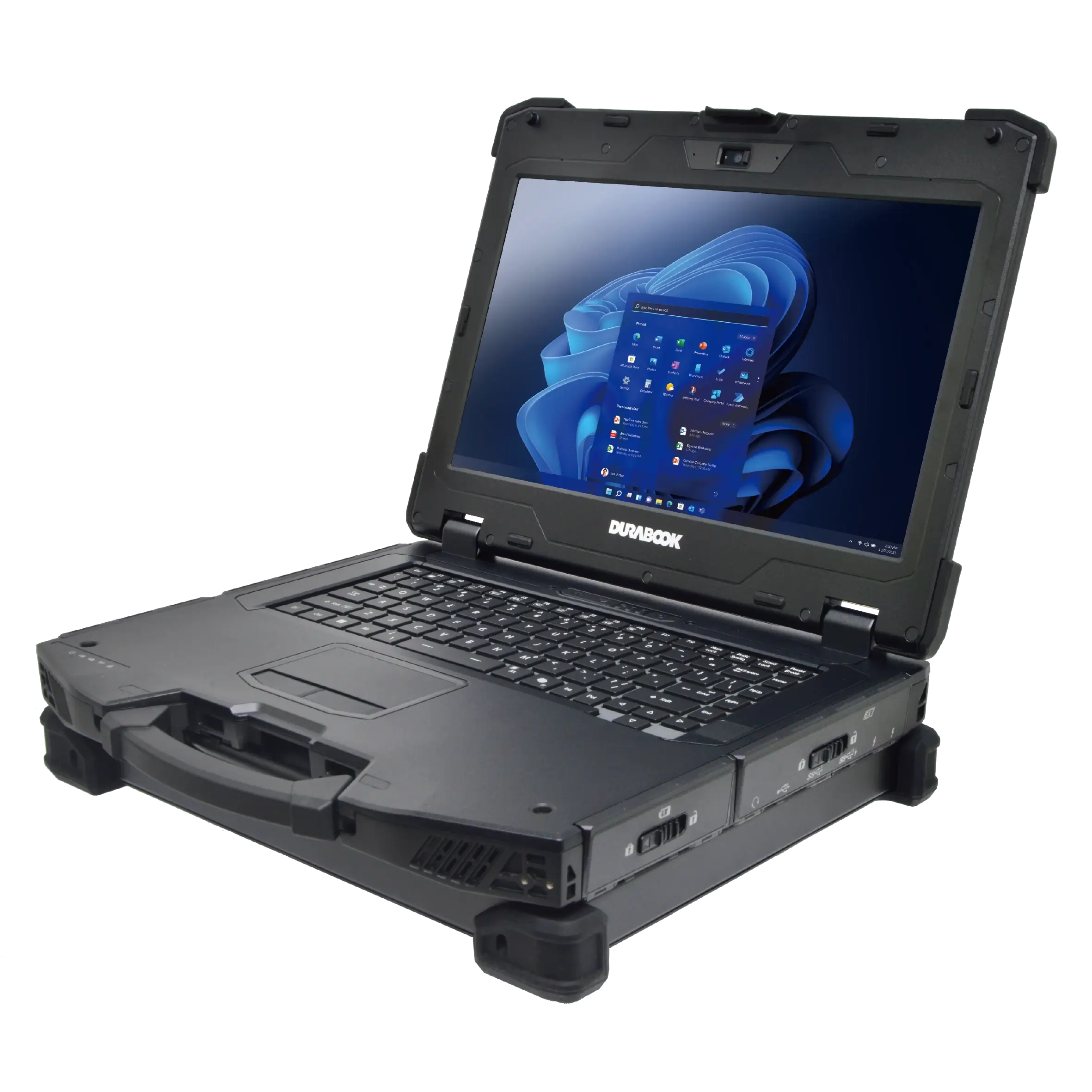 Durabook rugged laptop with handle, open screen showing Windows 11 desktop interface.