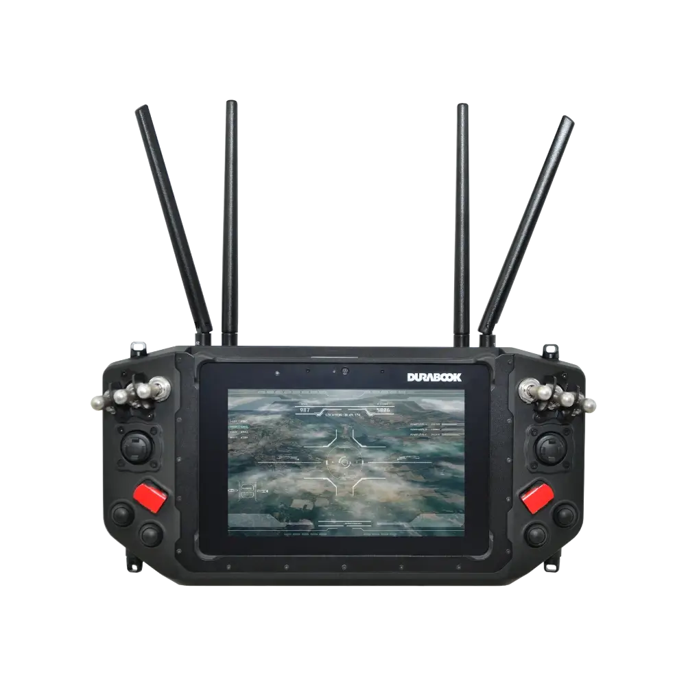 Durabook remote controller with antennae and a screen showing a terrain view with targeting crosshairs.