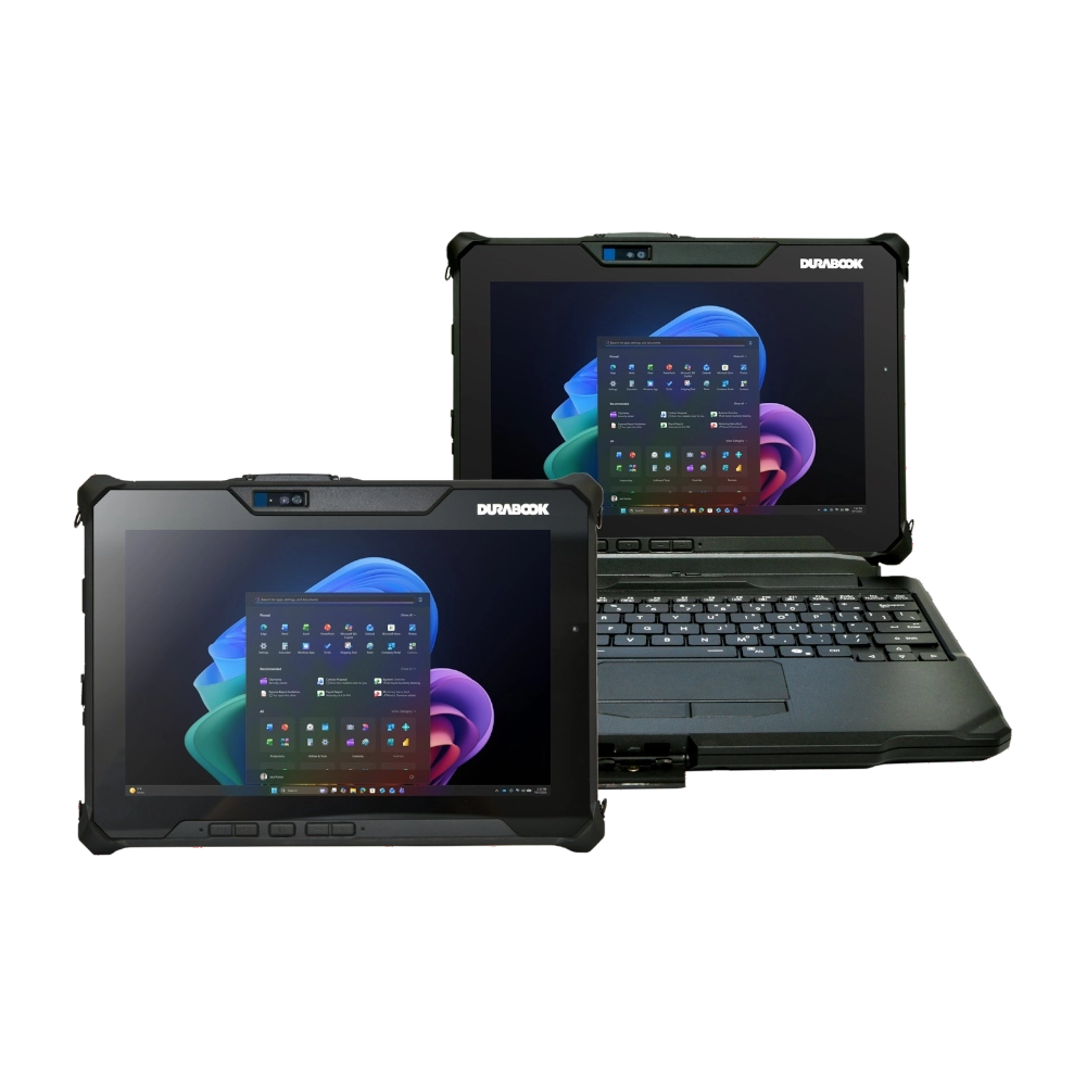 Two Durabook rugged tablets with Windows 11 on screens, one with detachable keyboard attached.