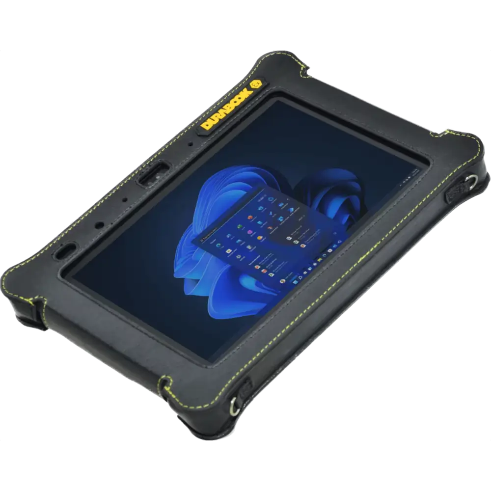 Black rugged tablet device with yellow stitching and Windows 11 start menu on screen.