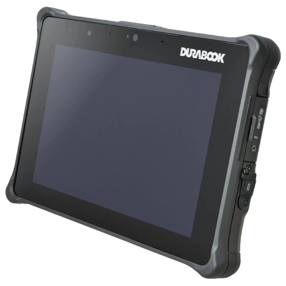 Durabook rugged tablet with black protective casing and dark screen, angled view.