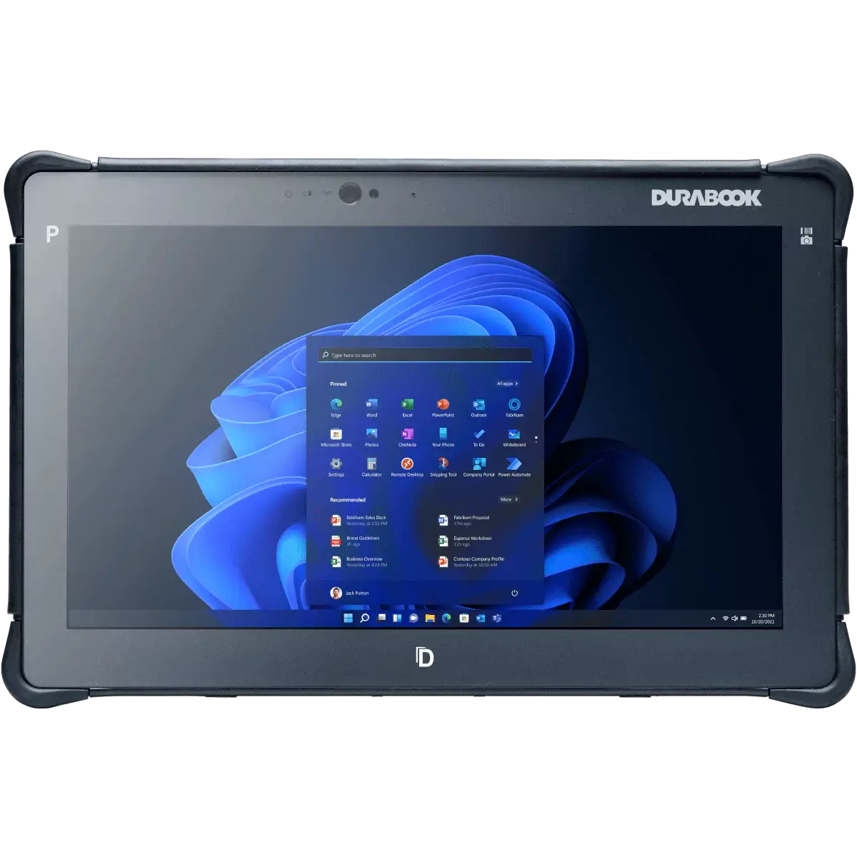 Durabook rugged laptop tablet showing Windows 11 start menu on screen with blue wallpaper.