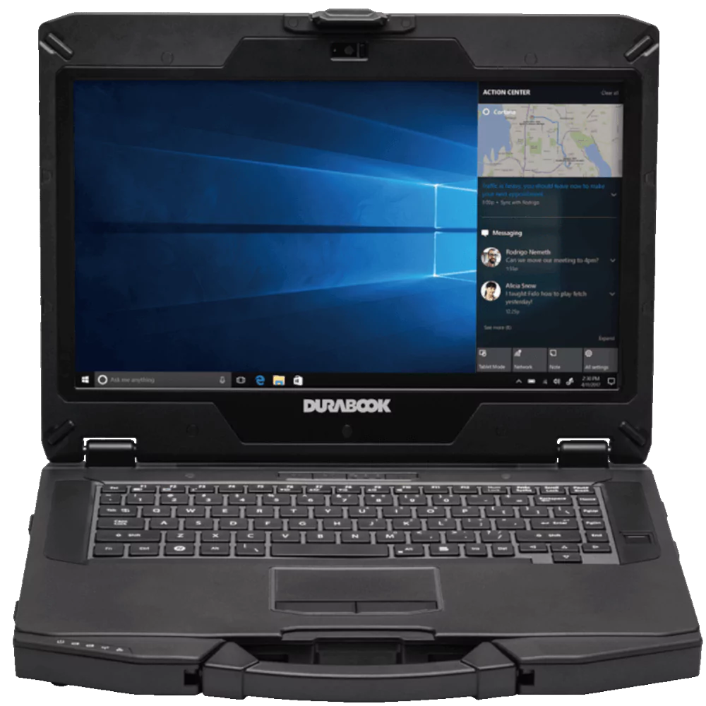 Durabook rugged laptop open, showing Windows OS with Action Center panel on screen.