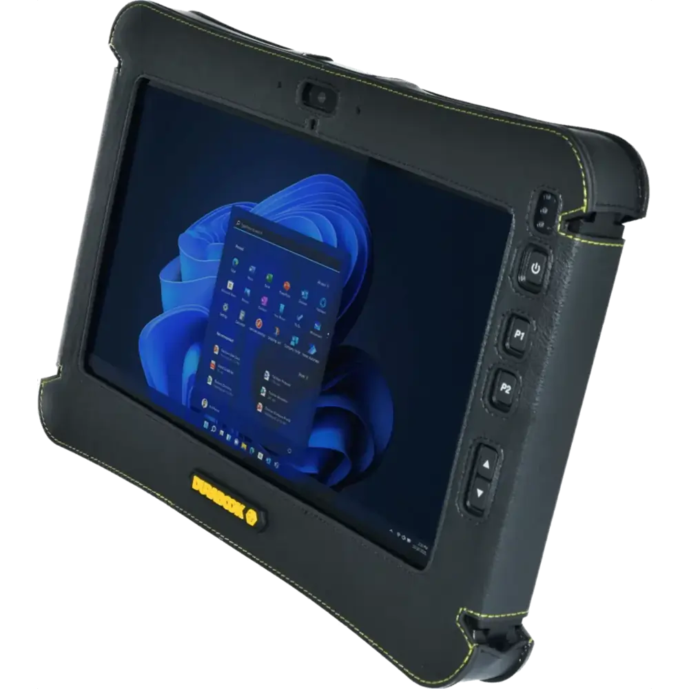 Rugged tablet with touchscreen showing Windows 11 start menu and several physical side buttons.