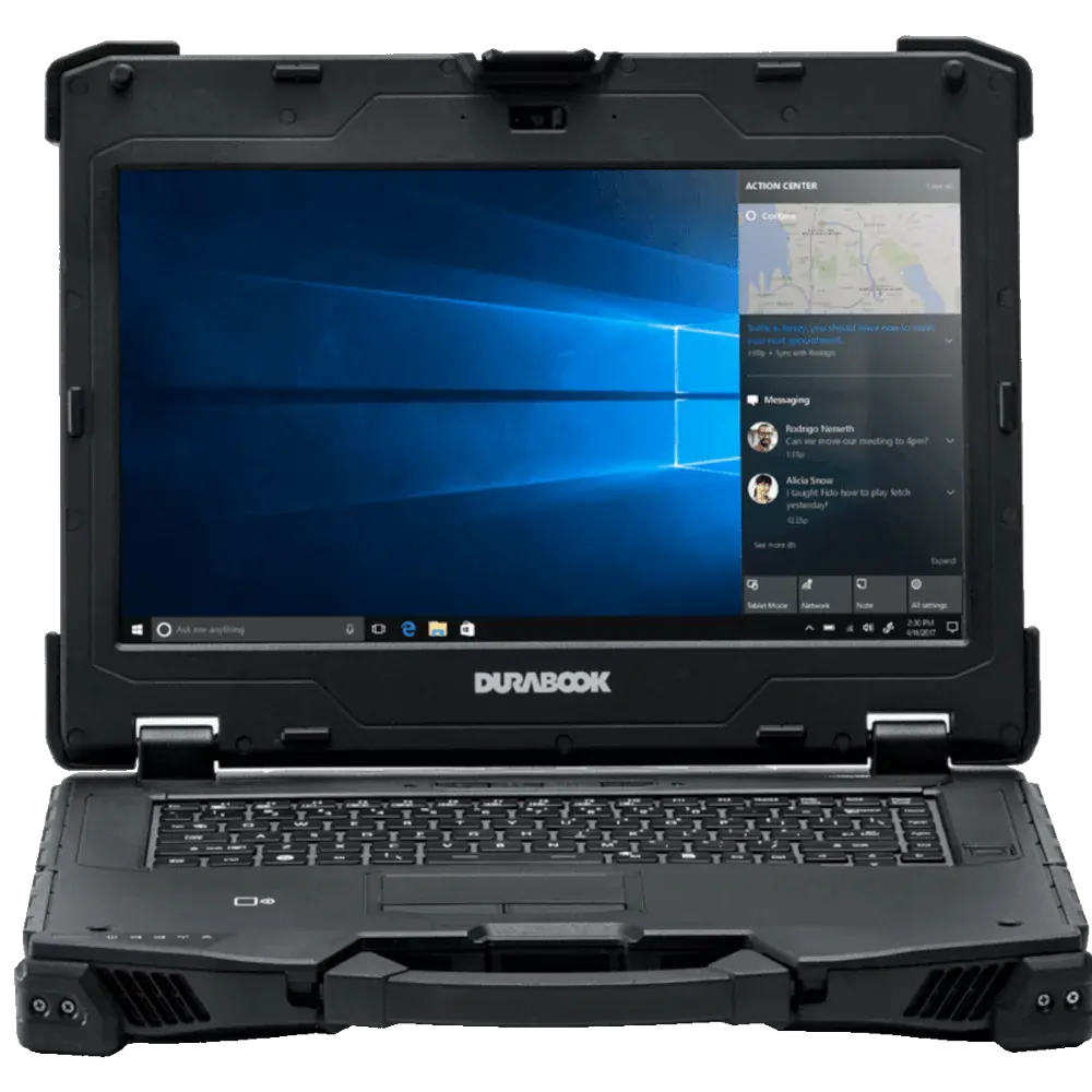 Durabook rugged laptop with Windows 10 desktop and messaging notifications on screen.