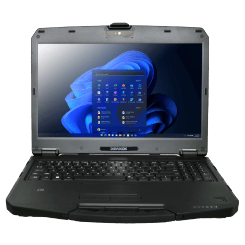 Durabook rugged laptop displaying Windows 11 desktop screen with Start menu open.