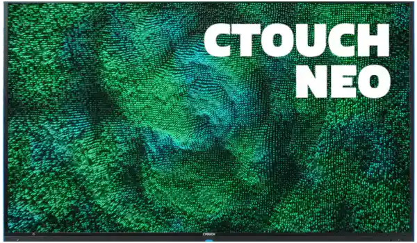 CTOUCH NEO logo on a large interactive display screen with a textured green and blue background.