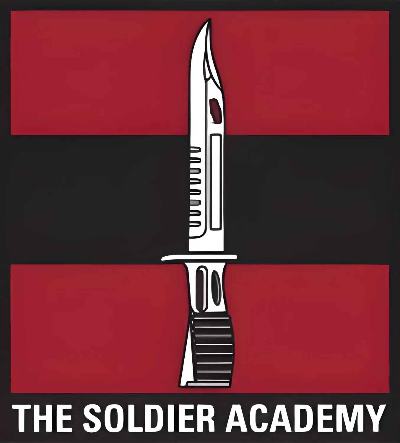 Logo with a vertical white combat knife over red and black stripes and the text THE SOLDIER ACADEMY below.