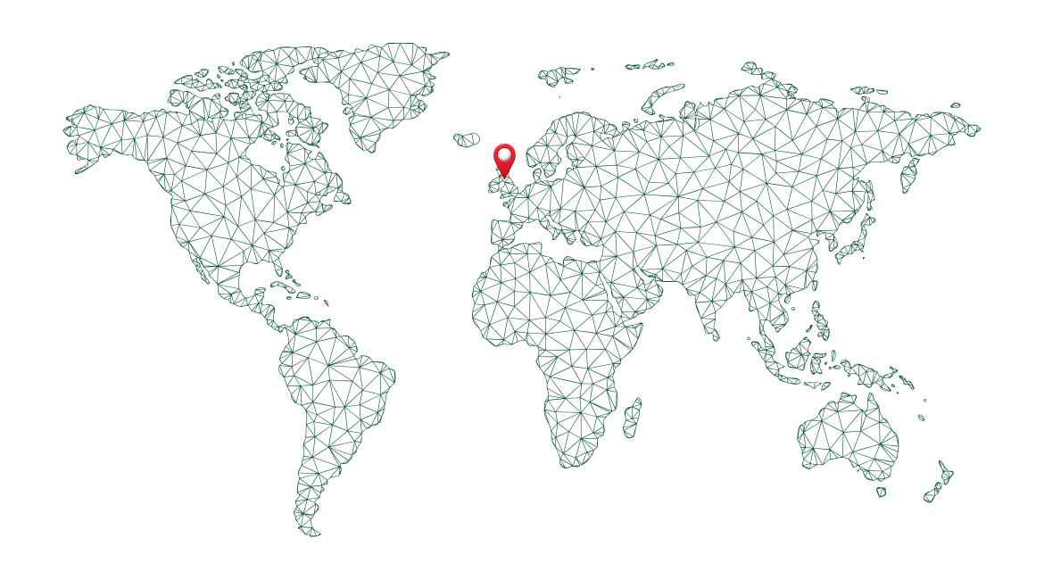 World map outlined with connected green triangular mesh and a red location pin over western Europe.