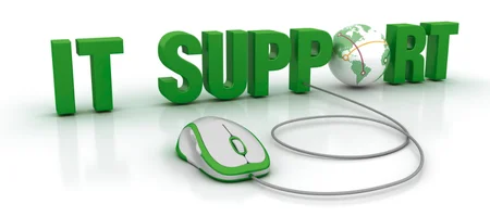 Green 3D text reading IT SUPPORT with a computer mouse connected to the letter O shaped like a globe.