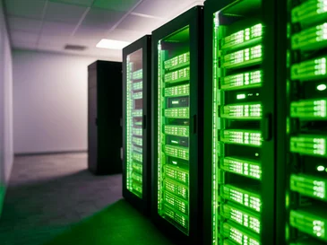 Rows of glowing green server racks inside a dimly lit data center room.