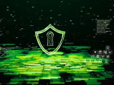 Glowing green shield with keyhole symbol over digital block patterns representing cyber security.