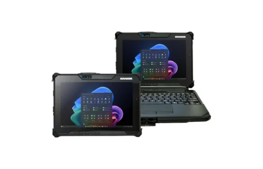 Two Durabook rugged devices, one tablet and one laptop, both displaying Windows 11 interface.