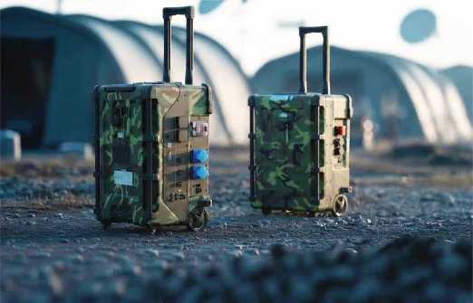 Two rugged camouflage portable power stations with handles on rocky ground outdoors.