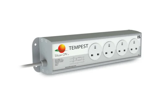 Tempest power strip with four UK-style outlets and Silicon CPV branding on a gray casing.