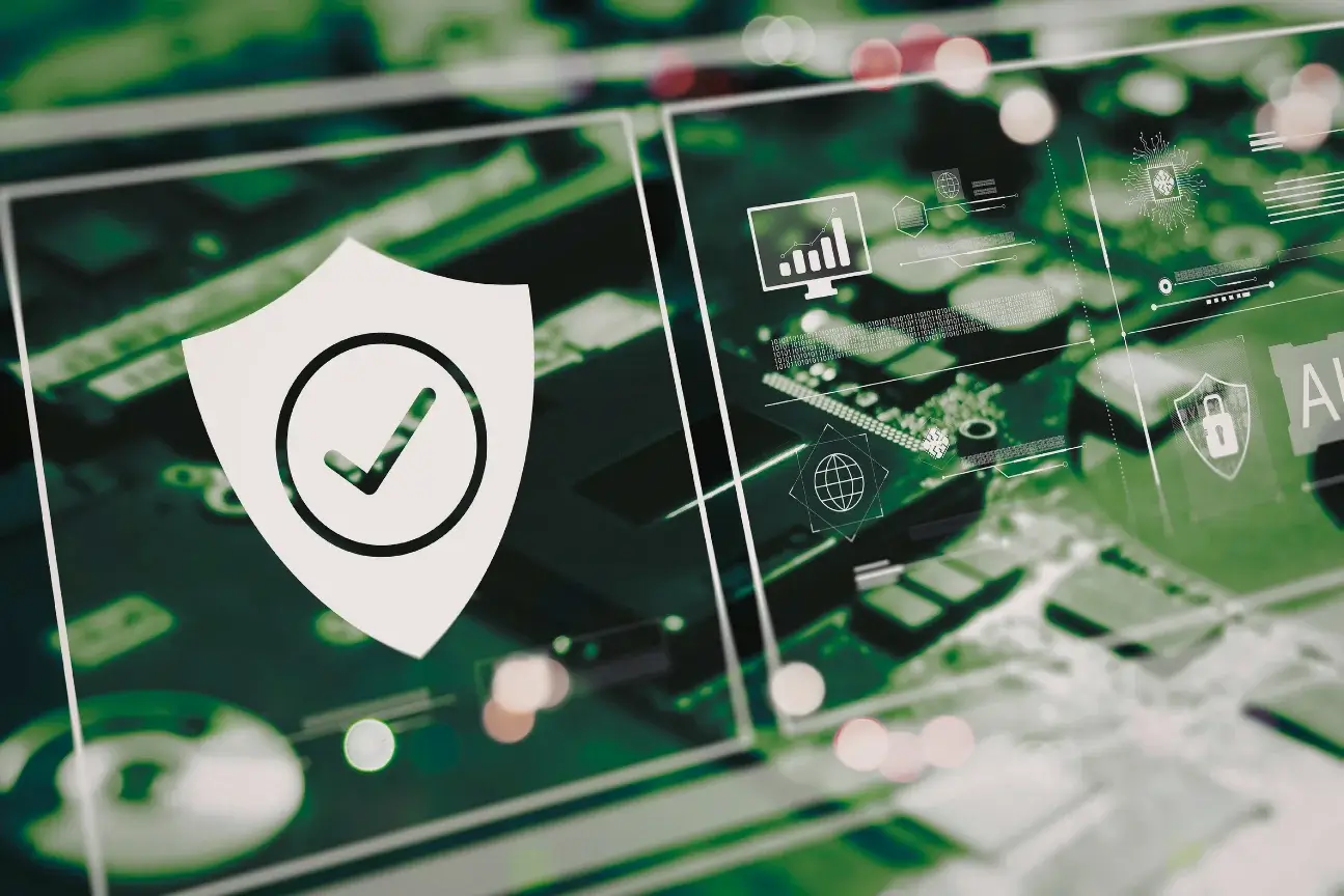 Digital shield with checkmark symbol overlaid on blurred computer circuitry and security icons.