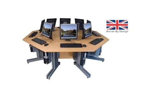 Octagonal modular IT desk setup with six monitors, keyboards, mice, and British flag logo.