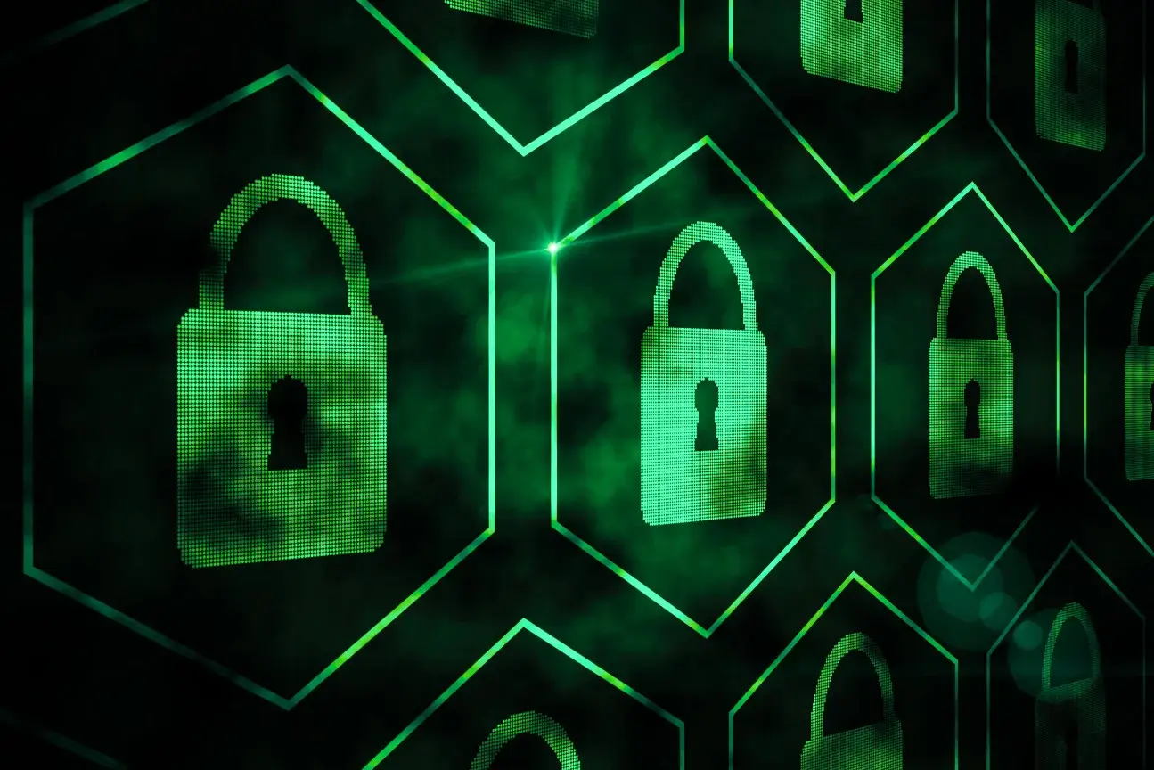 Green digital padlock icons on hexagonal grid representing cybersecurity and data protection.