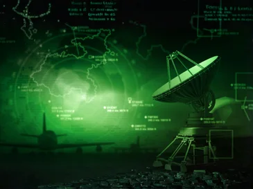 Green digital map background with satellite dish and radar elements symbolizing security tech.