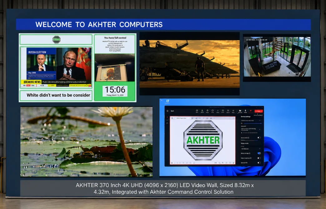 AKHTER 370 inch 4K UHD LED video wall showing news, helicopter, security cam, nature, and Akhter logo screen.