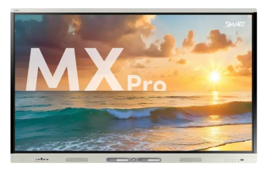 SMART MX Pro interactive whiteboard displaying a sunset over ocean waves.