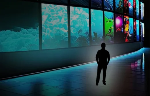 Silhouette of a person standing before a curved LED video wall displaying colorful images.