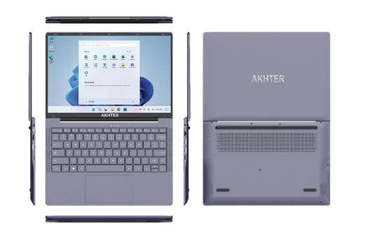 Purple AKHTER 15.6-inch laptop front view with screen and keyboard, plus bottom view showing vents and speakers.