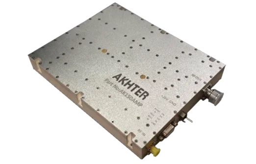 Rectangular metallic Akhter high-power microwave amplifier device with labeled connectors.