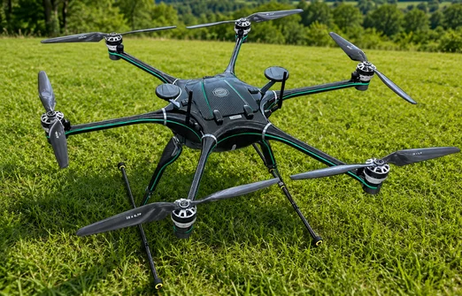 Six-rotor black drone with green accents resting on grass outside with trees in the background.